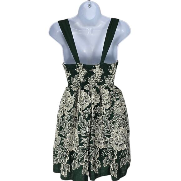 Maaji Mini Dress Green with Ivory Embroidered Flowers Smocked Back Straps M NEW - Picture 2 of 10